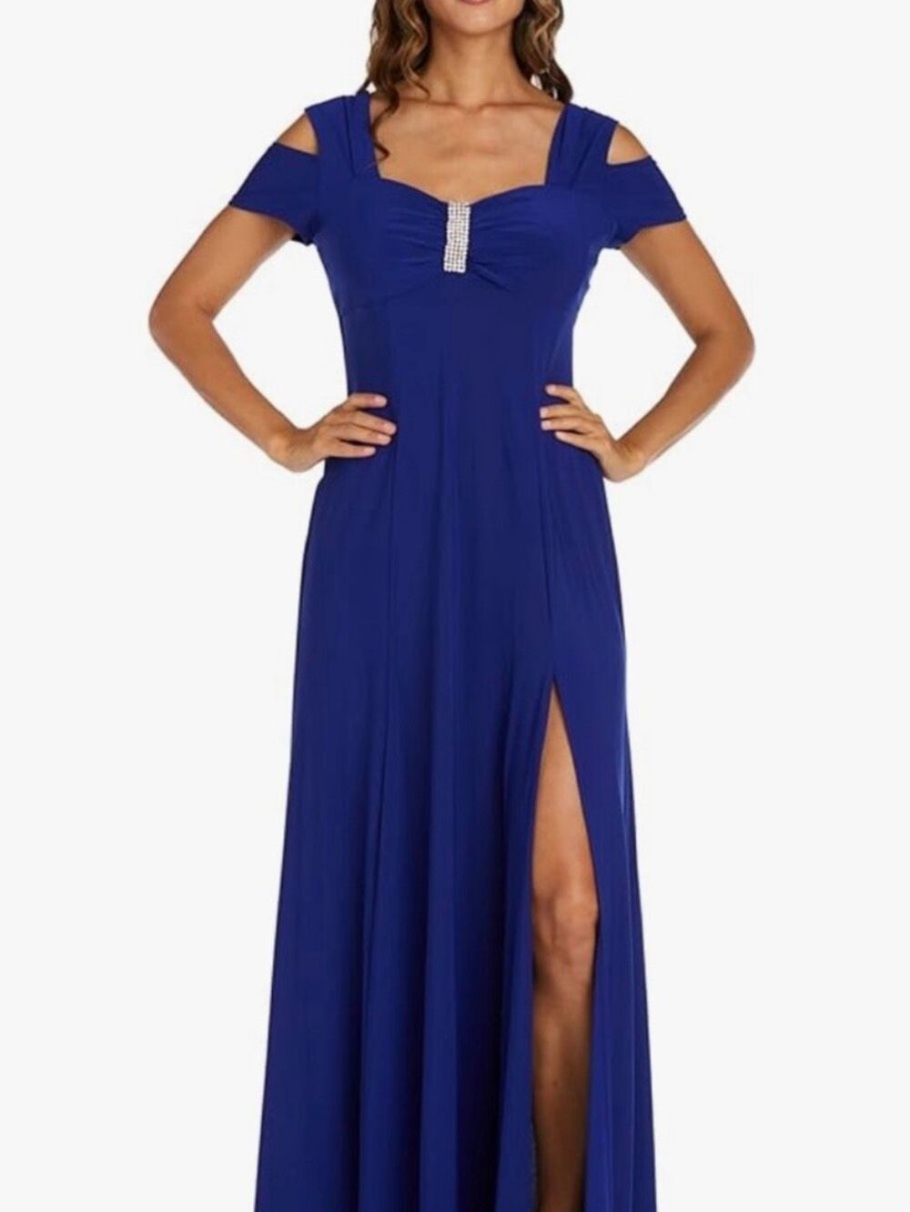 R&M Richards 12 NWT blue Sweetheart Neckline Cold Shoulder Slit Maxi Gown Dress